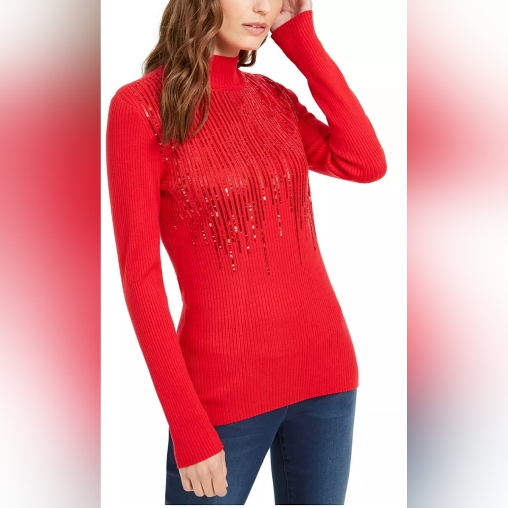 INC International Concepts Women's Mock Neck Drip Sequin Sweater Red Size XS